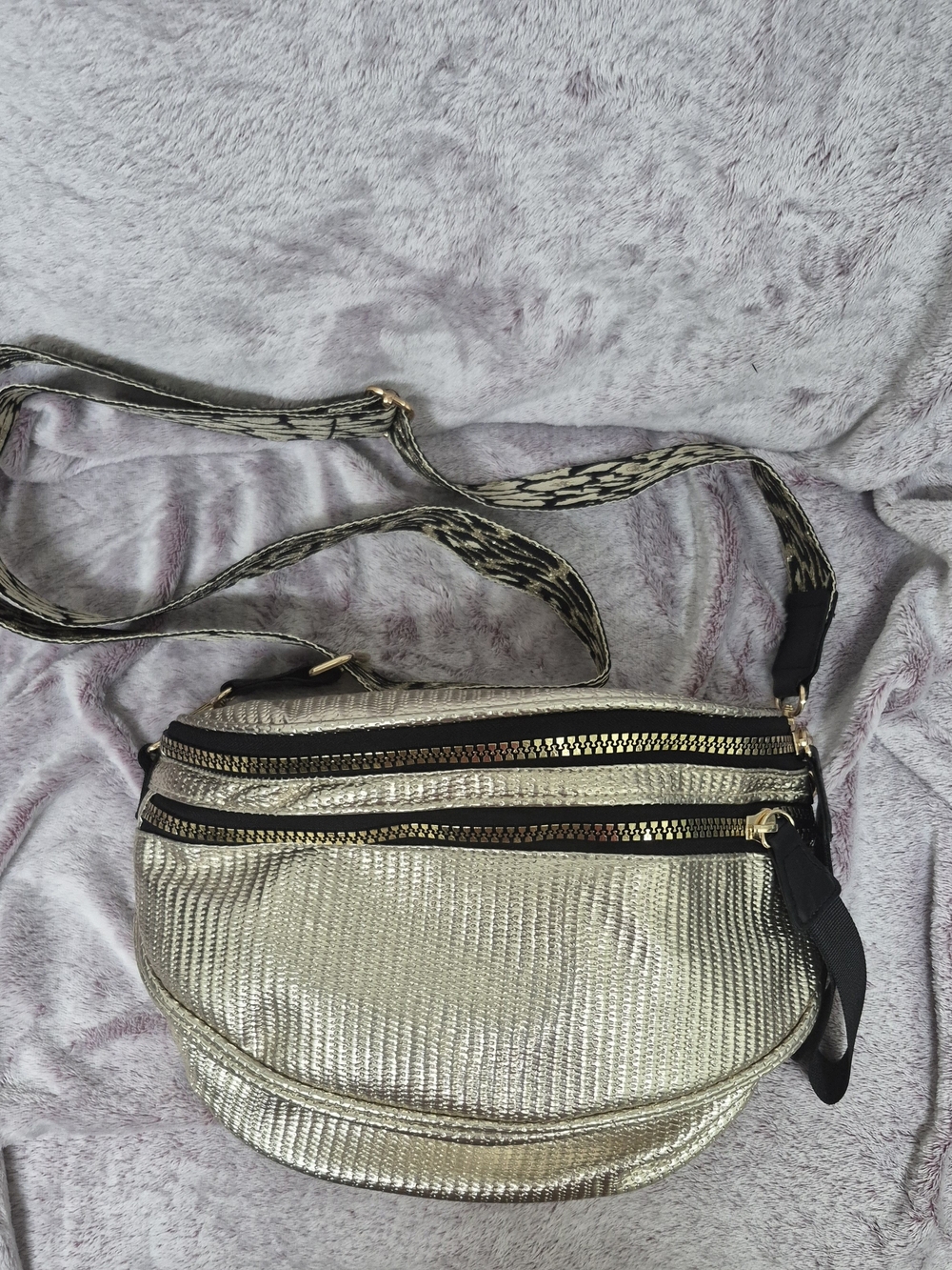 Metallic Gold Crossbody Bag with Patterned Adjustable Strap